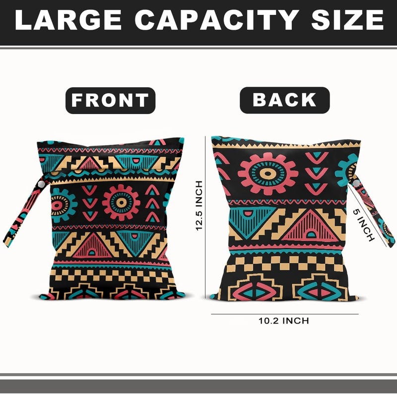 BQXH 2Pcs Ethnic Print Wet Bags, Wet Dry Bag Reusable Zipper Pouch for Swimsuit, Diapers, Travel, Pool, Beach, Dirty Yoga Gym Clothes, Toiletries, Waterproof Birthday Christmas Gifts - Image 2